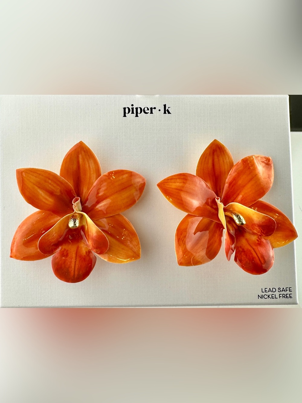 Piper K Orange Orchid Flower Statement Earrings New in Box